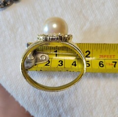 Vtg AJC Signed 80’s Faux Pearl Rhinestone Gold tone Ring Statement Brooch Pin