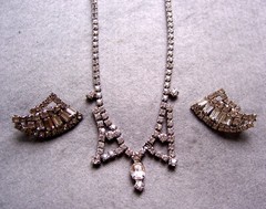 Art Deco clear rhinestone necklace and clip earrings set 1950s
