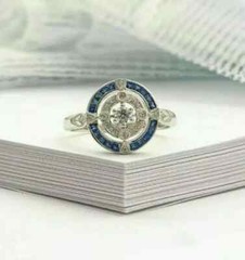 0.5Ct Art Deco Style Round Cut Lab-Created Diamond Sapphire Halo 925 Silver Ring
