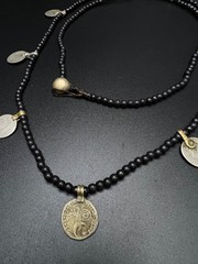Vintage Black Beaded Coin Necklace, Tribal Boho Necklace, Ethnic Coin Charm