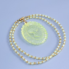 Uranium Glass Necklace 23” Cameo Pendant Vaseline Yellow Czech Beads