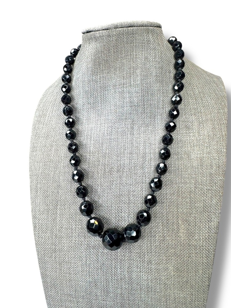 Austria Jet Black Crystal Hand Knotted Necklace 15.25″ – 17.75″ Vintage