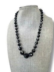 Austria Jet Black Crystal Hand Knotted Necklace 15.25″ – 17.75″ Vintage