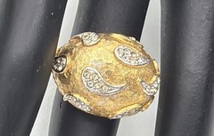 Vintage Gold Tone Dome Ring Textured Metal Teardrop Rhinestone Accents Statement