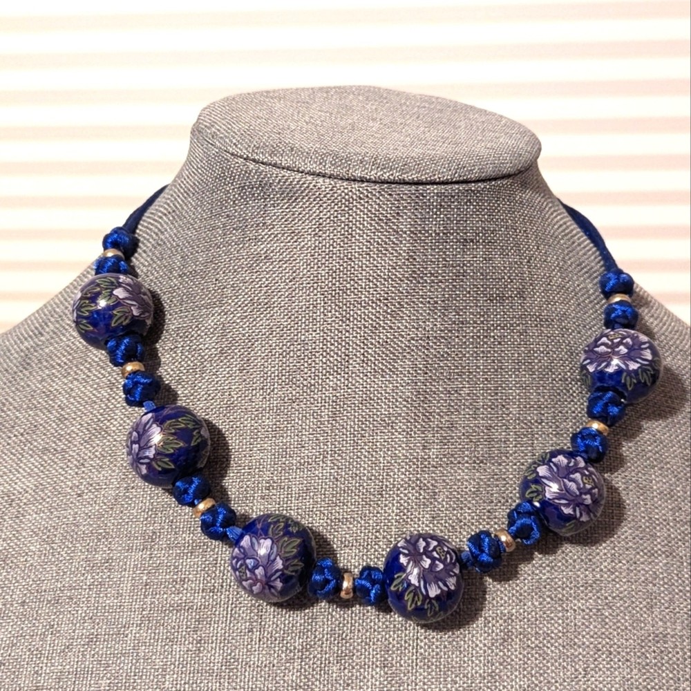 Vintage Stunning Hand Knotted Floral Cloisonne Ceramic Beaded Necklace 16″