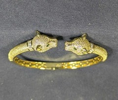 FZN 925 Gold Played Sterling CZ Panther Hinged Bangle Bracelet 6 3/4″ Green Eyes