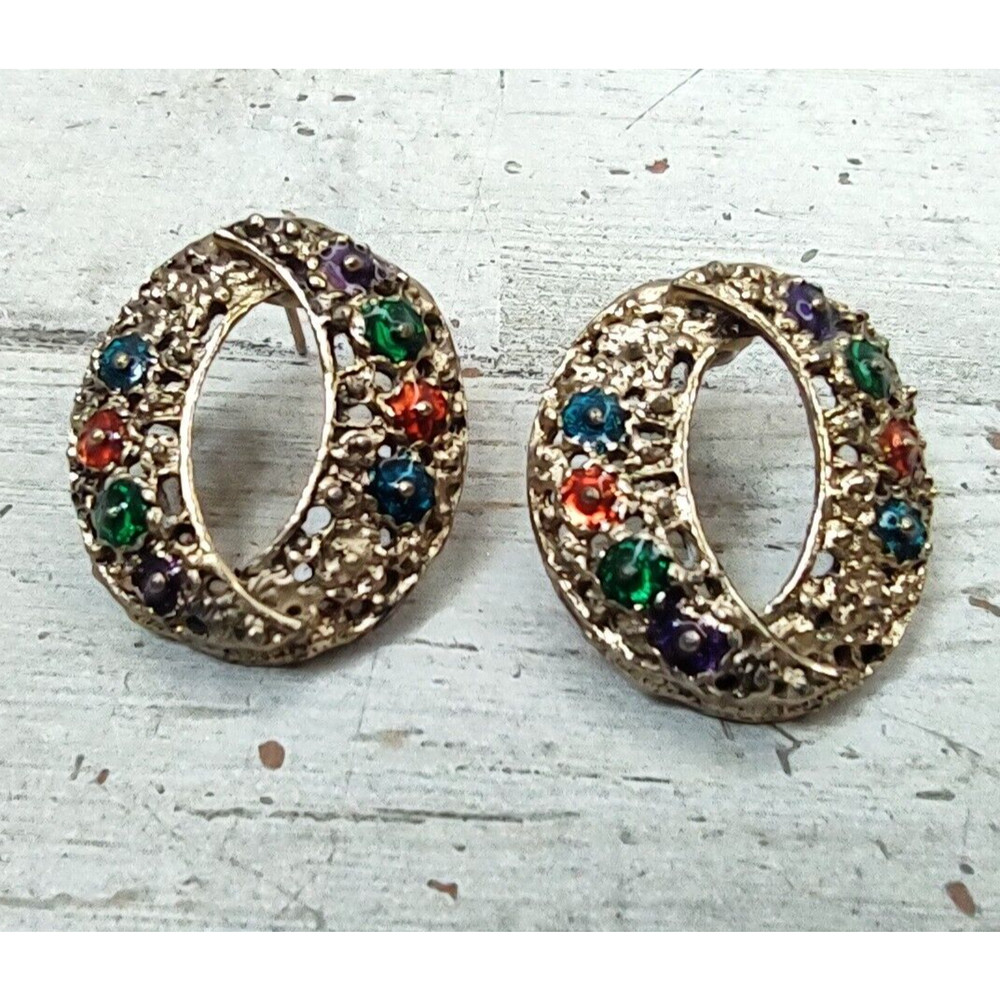 Vintage Gold Tone Enamel Ornate Oval Eye Floral Pierced Post Earrings Colorful
