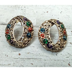 Vintage Gold Tone Enamel Ornate Oval Eye Floral Pierced Post Earrings Colorful