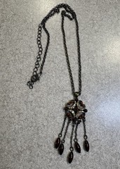 Vintage Style Necklace Dangling Burgundy Beads & Rhinestones Bronze Tone Chain