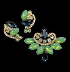 Verified Juliana Green Opal Blue Rhinestone Brooch Clip Earrings Set *Modified*