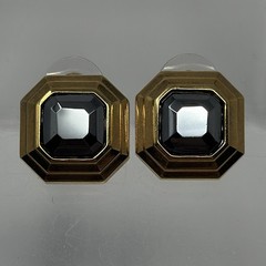 Vintage Lanvin Germany Gold Tone Octagon Hematite Art Deco Style Stud Earrings