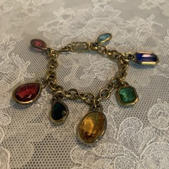 Vintage Yves Saint Laurent Multicolored Glass Jewel Charm Bracelet -Silver Tone