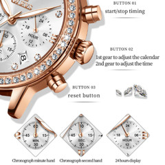 Diamond Ladies Quartz Wristwatch OLEVS Waterproof Leather Multifunction Watch