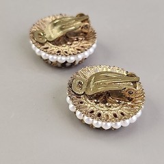 Vintage Sugared Flowers Clip On Earrings West Germany Round Faux Pearls 7/8″
