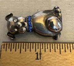 Adorable Vintage Bulldog Pug Puppy Dog Brooch Blue Rhinestone Collar signed LJ