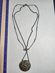 Vintage N A Green Enamel With Glass Accents Pendant Necklace