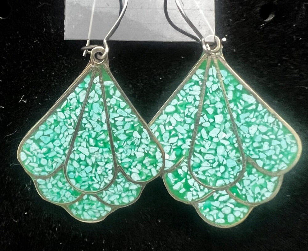 Vintage Alpaca Mexico Crushed Mosiac Turquoise Inlay Shell Shape Unworn Earrings