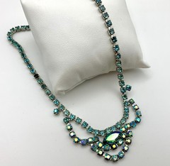 Sky Blue AB Aurora Borealis Rhinestone Festoon Necklace Prong Set Vintage 1950s