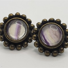 Vintage Signed Graziano Fluorite Clip On Earrings Purple Stone Cabochon Bronze
