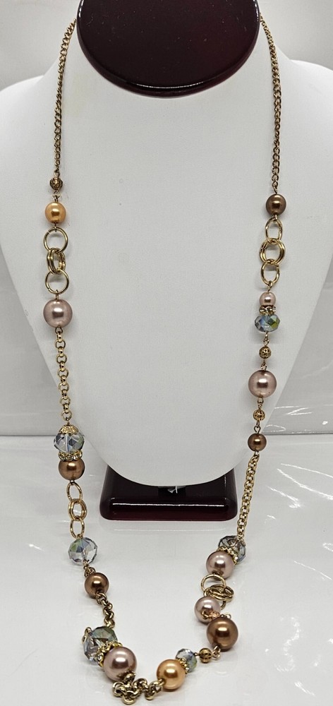 Vintage Rhinestone Faux Pearl Faceted Glass Necklace Multicolor 36″