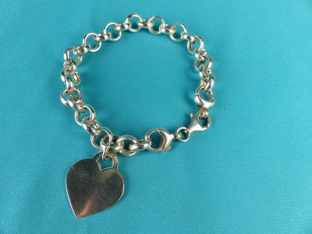 Vtg Sterling Silver Heart Tag Charm Rolo Chain Link Bracelet Italy Tiffany Style