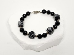 Vintage Black and Snowflake Round & Hexagonal Barrel Obsidian Bead Bracelet