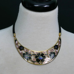 VINTAGE 1980’S SITI CLOISONNE BLACK ENAMEL FLORAL SILK CORD BIB NECKLACE