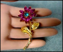 Vintage Figural Fucshia Pink and Teal Green Rhinestone Brooch Pin Signed EDLEE