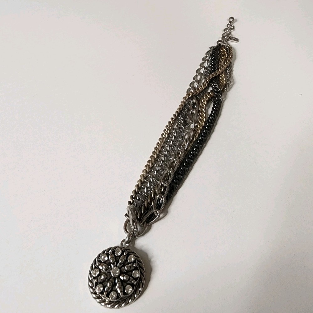 GS Signed Vintage Multi Strand Chain Bracelet Pendant Silver Tone 9″ Rhinestones