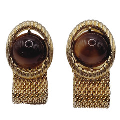 Swank Brown Lucite Tigers Eye Cabochon Center Gold Mesh Wrap Fancy Cufflinks