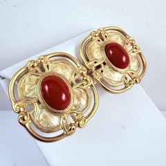Vintage MONET Red Cabochon Enameled Matte Gold Tone Clip on Earrings