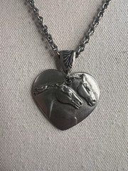 Western Pewter Silver Tone Double Horse Head Pendant Necklace Cowboy Ranching