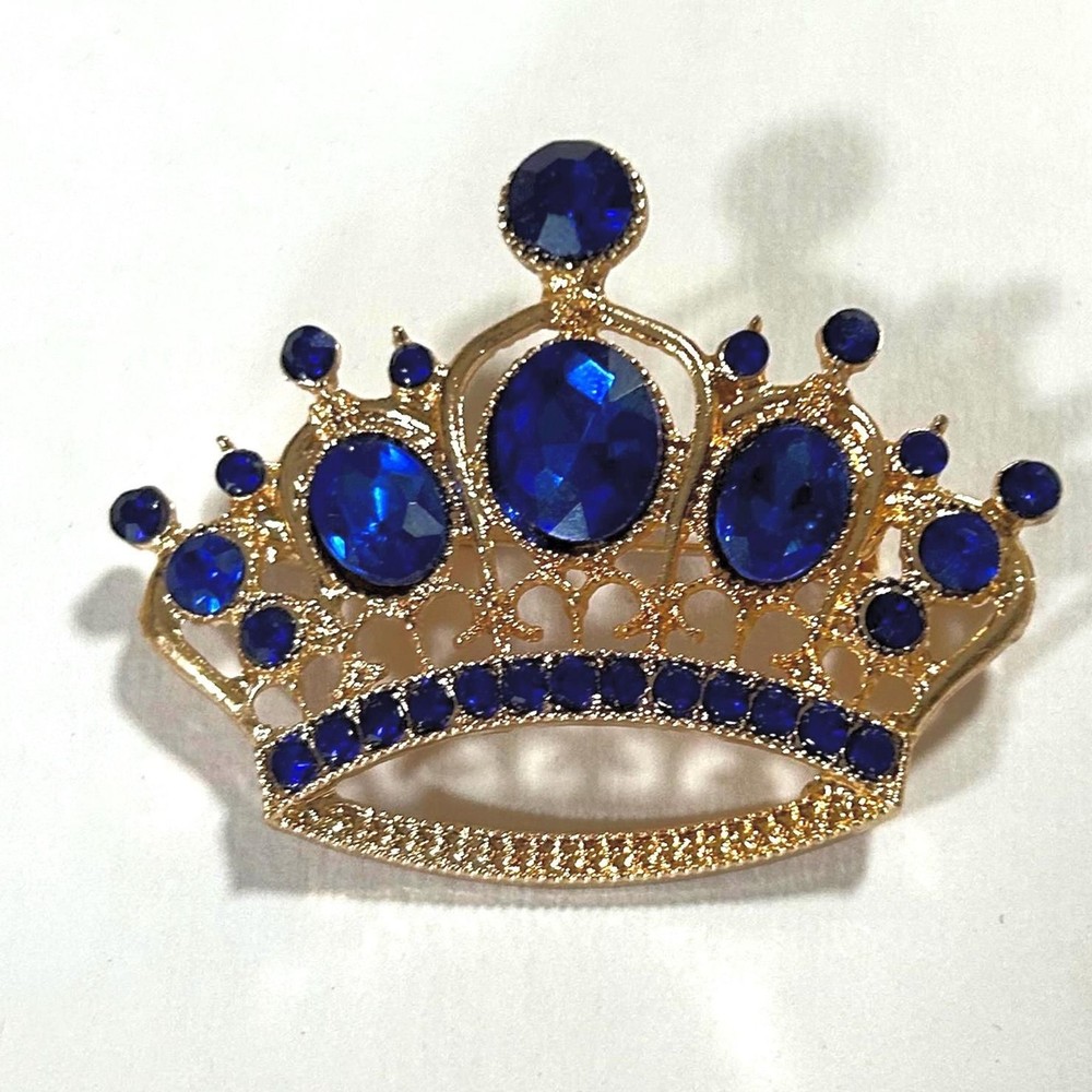Crown Sapphire Rhinestone Brooch with gold tone – Vintage Pin