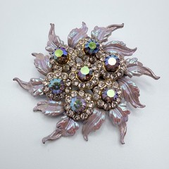 Selini Pearlescent Pink Rhinestone Brooch & Clip-On Earrings AB Crystal Vintage