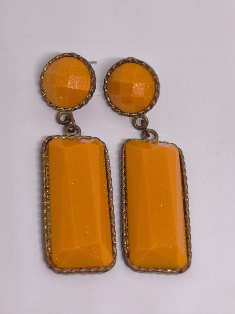 Vintage Art Deco Orange Lucite Dangle Earrings Gold Tone Geometric Statement