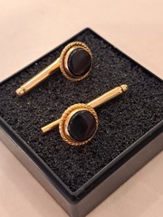 Antique Edwardian PAIR Cufflink Stud Button Onyx 14 K Gold