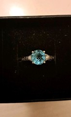 Petite 14k Solid White Gold Natural Blue Topaz and Diamond Ring Size 5