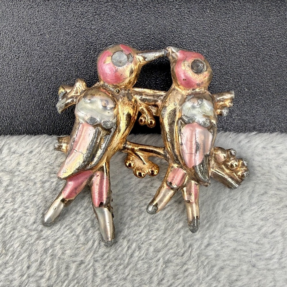 Vintage Brooch Pink Love Birds Gold Tone Enamel Lightweight