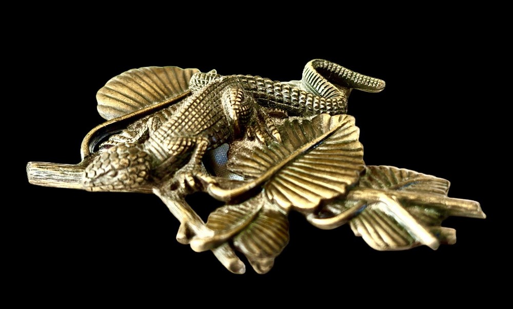 Vintage Signed JJ 1986 Victorian Revival Brass-Tone Alligator Brooch~1980s