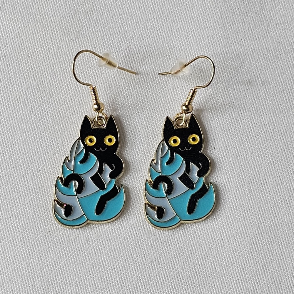 Enamel Black Cat Dangle Earrings Kitten In Your Fern House Plant Gold Tone Hooks