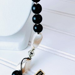 Vtg 1960s Beaded Necklace – 28” -Tagged GENUINE LUCITE -Black Pearl Silver Beads