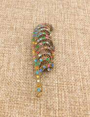 Crystal C-clasp Feather Leaf Pin Brooch VTG Cast Metal Multi Color Antique