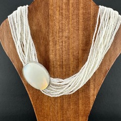 Vintage Seed Bead Opalite Necklace Multi Strand Large Oval Station Pendant 17″