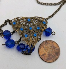 Victorian Design Filagree Necklace Blue Beads 15 Inch
