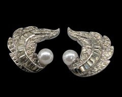 Jomaz Rhinestone Paved Winged Clip On Earrings Faux Pearl Accent Vintage Patent