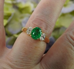 Hammerman Brothers Vintage Emerald Oval Diamond 3 Stone Ring 18K Gold