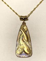 LAST ONE*RARE-ANT.EGYPT REVIVAL GOLD AURORA CZECH GLASS FISH TRIANGLE NECKLACE.g