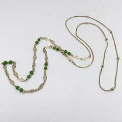 Vintage Station Necklace Faux Jade Beads Filigree Links Gold Tone Chain 32”