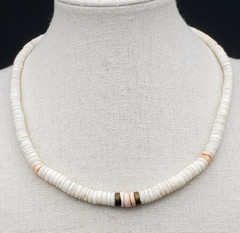 Vintage White & Pink Graduated Heishi Puka Shell Beaded Necklace 15.5 in