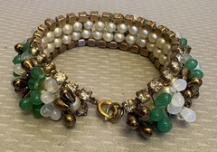 50s Vintage Signed Germany Wired Green Glass Bead Rhinestone Pearl Bracelet 7”
